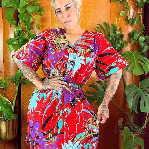 SEARS ROEBUCK 60’s 60s Vintage 70s DEADSTOCK Polished Cotton Hawaiian Dress L XL - Picture 4 of 9